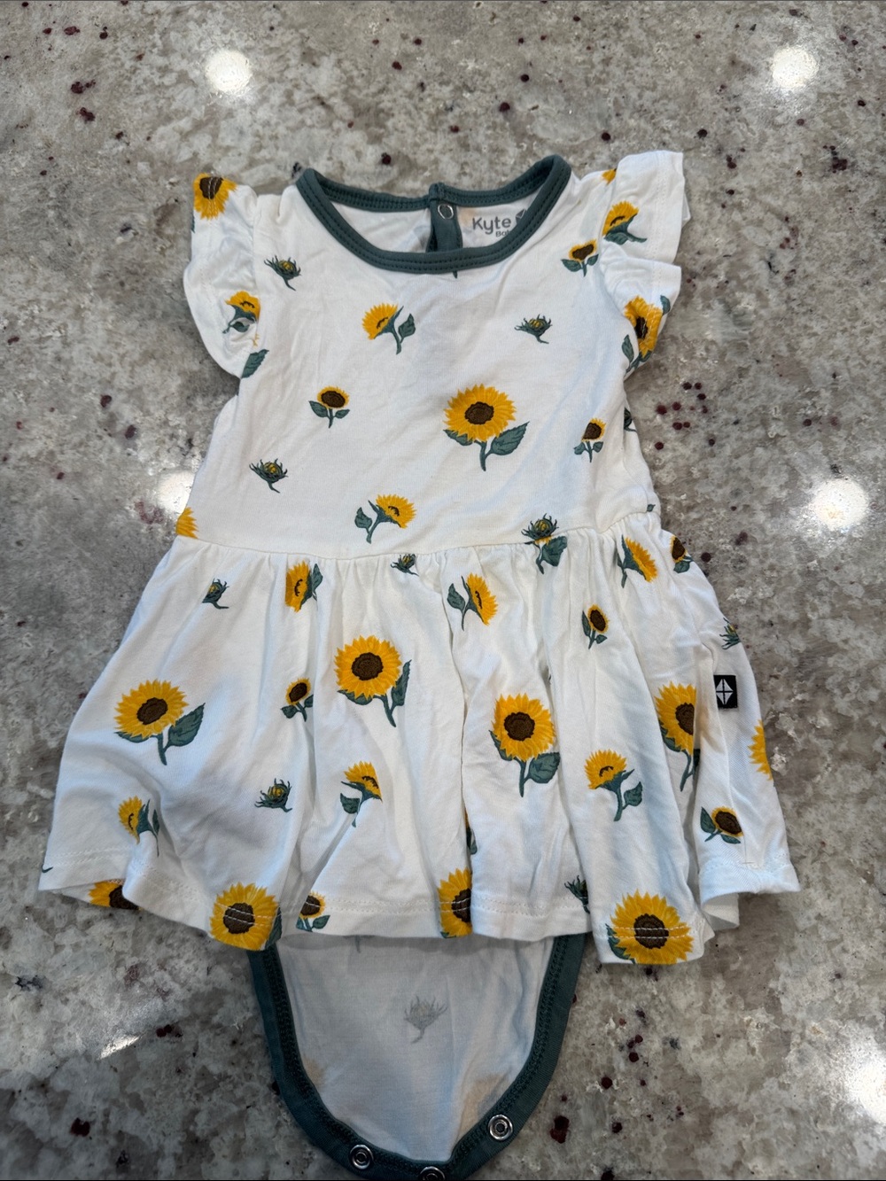 Kyte BABY White Sunflower Flutter Dress with Green Trim